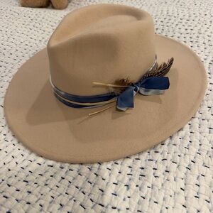Wide-Brim Felt Fedora Hat with Blue Ribbon and Feather